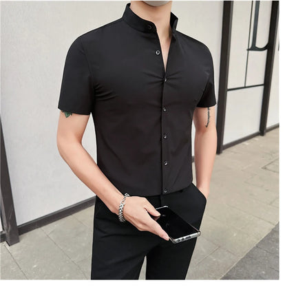 Men's Summer Fashion Stand Collar Business Casual Short Sleeve Shirt Luxury Slim Fit Solid Dress Shirt Brand Men Clothes 5XL-M