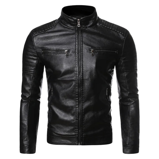 Spring and Autumn men's standing collar multi pocket leather jacket PU leather work clothes outdoor motorcycle riding clothes
