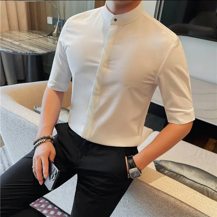 Summer New Standing Collar Half Sleeve Shirts For Men Invisible Button Up Design Slim Casual Business Social Shirt Club Outfits