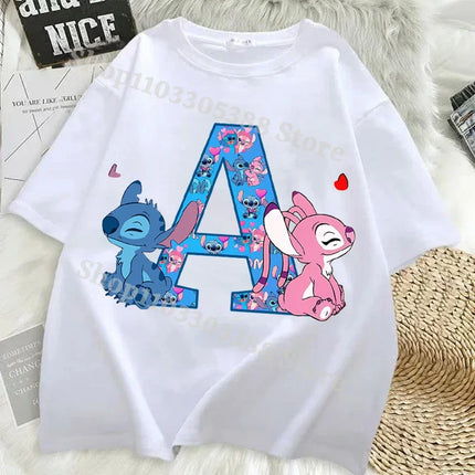Disney Stitch T-shirts for Women Men Anime Letter A-Z Printed Short Sleeved Shirt Female Male Summer Fashion Top Adults Clothes