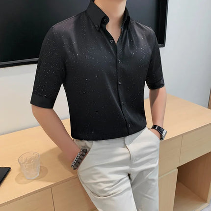 Summer New Powder Shiny Shirts Fashion Men's V-neck Half Sleeve Slim Fit Casual Shirts Social Personality  Top Club Outfits