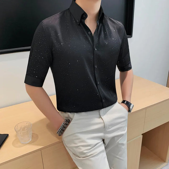 Summer New Powder Shiny Shirts Fashion Men's V-neck Half Sleeve Slim Fit Casual Shirts Social Personality  Top Club Outfits