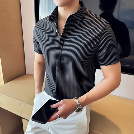2024 Summer Fashion Vertical Striped Shirts Luxury Men's Hidden Button Short Sleeved Slim Fit Casual Business Shirt Men Clothing