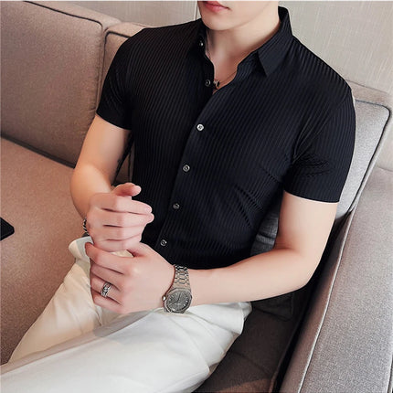 2024 Summer High Elasticity Seamless Short Sleeve Shirts Fashion Stripes Men Business Formal Wear Slim Fit Casual Dress Shirt