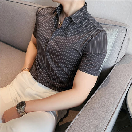 High Quality Ice Silk Traceless Striped Shirt Men's Summer Short Sleeve Slim Casual Business Shirts Tuxedo Men Clothing 4XL-M