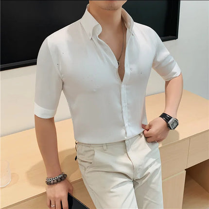 Summer New Powder Shiny Shirts Fashion Men's V-neck Half Sleeve Slim Fit Casual Shirts Social Personality  Top Club Outfits