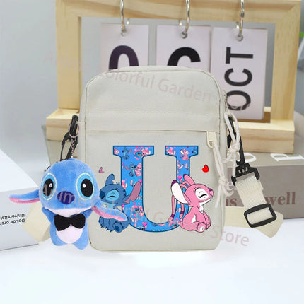 Disney Stitch Canvas Shoulder Bags with Doll Cartoon Letter A-Z Printed Fashion Handbag Multi Pocket Zipper Crossbody Bag Gifts
