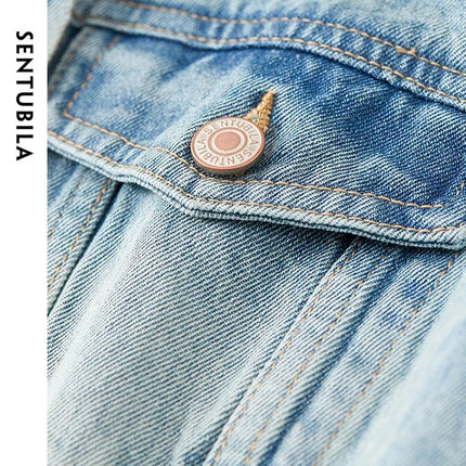 SENTUBILA 100% Cotton Washed Denim Jackets for Women 2025 Spring Casual Loose Turn Down Collar Fashion Short Jacket W41W54341