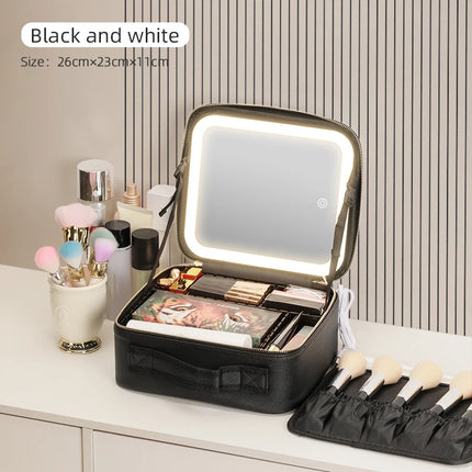 Makeup Travel Train Case with LED Lighted Mirror, 3 Color Adjust Settings, Travel Makeup Bag With Adjustable Dividers,