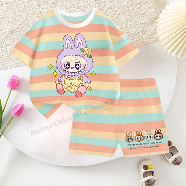 2pcs Labubu T-shirts Shorts Set for Children Pop Mart Fashion Striped Short Sleeved Shorts Suit Boys Girls Summer Clothes Suits