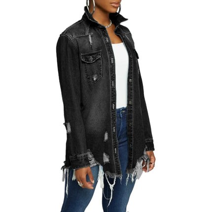 Women Jeans Jackets Spring Summer Ripped Denim Vintage Casual Denim Jacket Long Sleeve Female Chic Coat Streetwear 2024