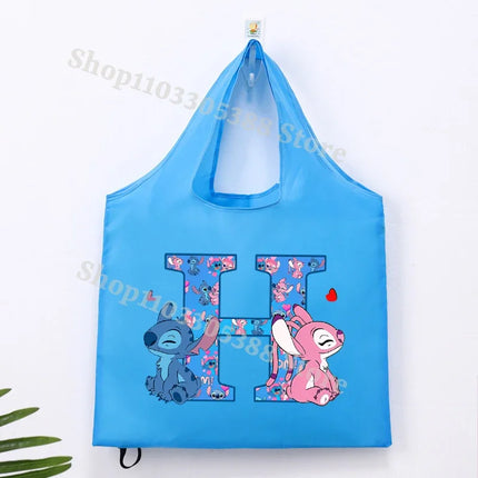 Disney Stitch Foldable Shopping Bag for Women Men High-capacity Reusable Handbags Cartoon Letter A-Z Printing Portable Tote-bags