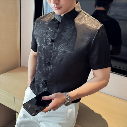 2024 Summer Chinese Style Standing Collar Shirts For Men Fashion Print Short Sleeve Slim Fit Casual Social Party Tuxedo 4XL-M