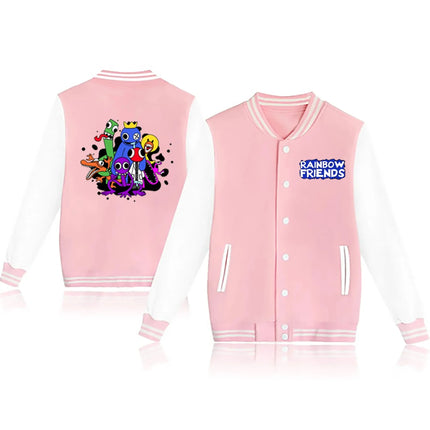 Rainbow Friends Printed Fleece Baseball Jacket European Size round Neck Loose Fit Women's Jacket Rainbow Colorful Outerwear