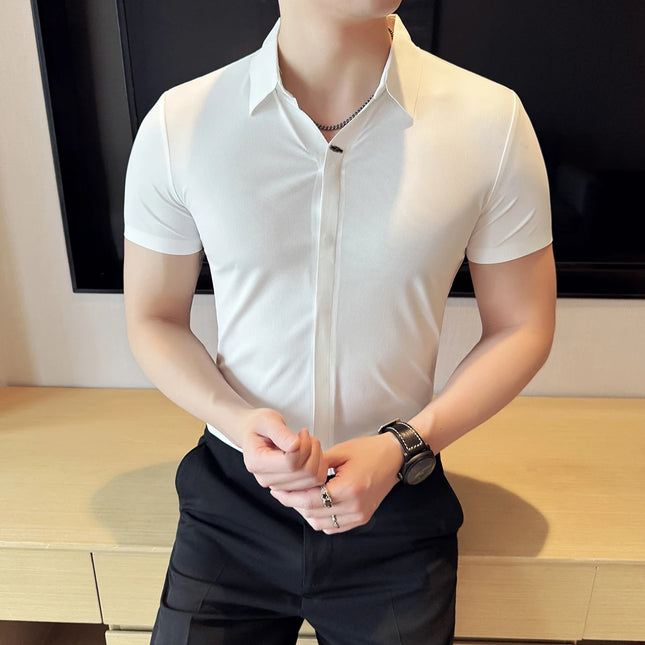 High Elasticity Men's Short Sleeve Shirt Summer Ice Silk Fashion Slim-Fit Business Anti-Wrinkle Shirt High Quality Tops 4XL-M
