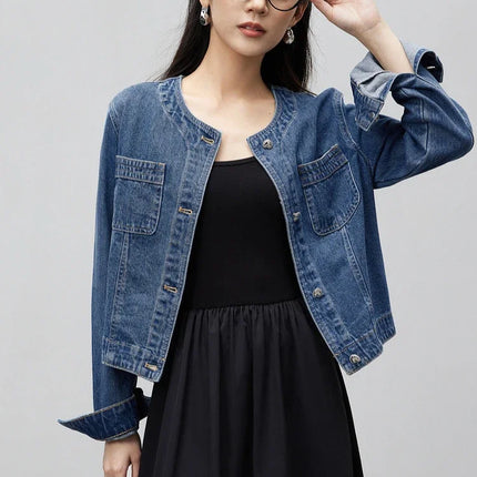 SENTUBILA Pure Cotton Denim Jacket Women 2025 Spring Autumn Outerwear Round Neck Pockets Cropped Jeans Coat Womans W41W53402