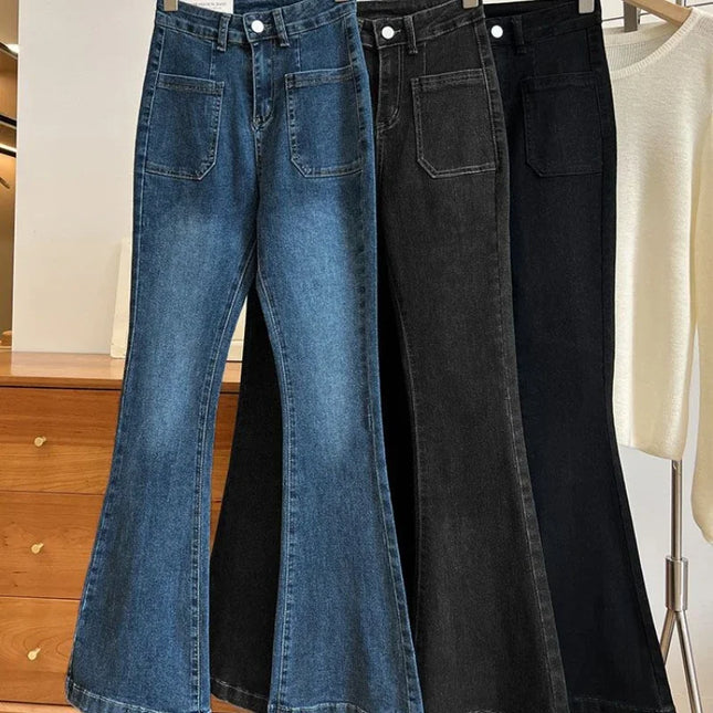 ZMZBCH High Waist Trousers Loose Washed Jeans Pockets Slim Denim Flare Classic Women Vintage Stretch Straight Trousers All-match