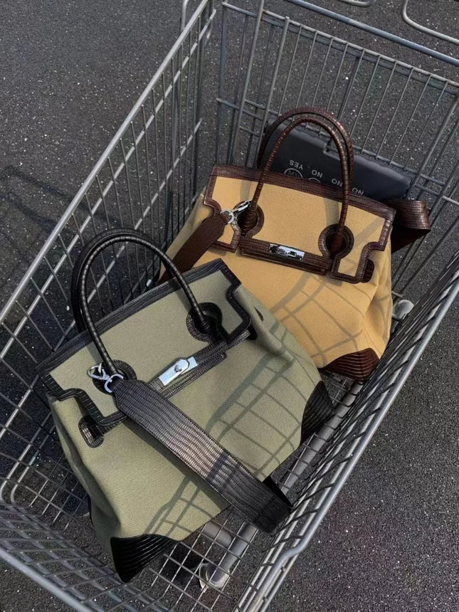 Retro Original Color Collision Canvas mit Rindsleder Handtasche