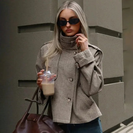Talenza Autumn Winter Women Jacket Vintage Plaid Fashion Stand Collar Button-Up Coats New Streetwear Commuter Female Outerwear