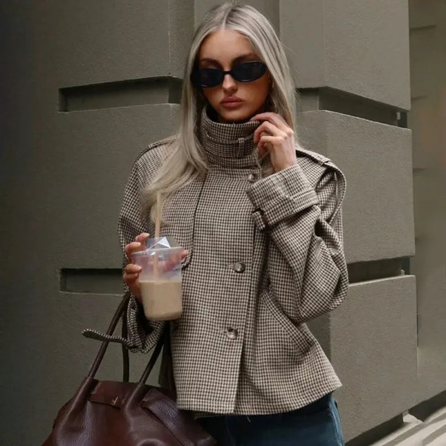 Talenza Autumn Winter Women Jacket Vintage Plaid Fashion Stand Collar Button-Up Coats New Streetwear Commuter Female Outerwear