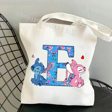 Disney Stitch Fashion Canvas Tote Bag for Women Anime Letter A-Z Printed Shoulder Bag Students Commute Portable Handbags Gifts