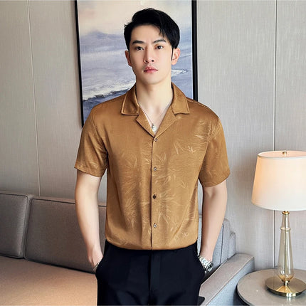 New Chinese Jacquard Shirt Luxury Men Elegant Print Slim Fit Casual Prom Social Shirts High Quality Summer Short Sleeved Tuxedo