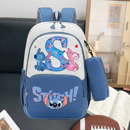 Disney Stitch Large Capacity Backpack with Pencil Bag Cartoon Letter A-Z Printed Fashion Schoolbag Book Stationery Storage Bags
