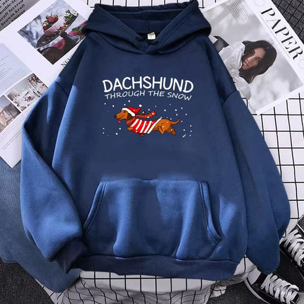 Dachshund Through The Snow Funny Dog Christmas Women Hoody Yule Gift Fashion Loose Pullover Autumn Pocket Sportswear Male Hoodie