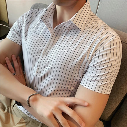 High Quality Ice Silk Traceless Striped Shirt Men's Summer Short Sleeve Slim Casual Business Shirts Tuxedo Men Clothing 4XL-M