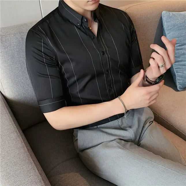 Black/White Summer Half Sleeve Striped Shirts Men 2023 Fashion Business Slim Fit Casual Blouse Social Tuxedos Plus Size 5XL-M