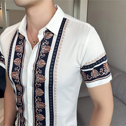2023 Summer New Fashion Short Sleeve Print Shirt Men Slim Fit Business Social Party Dress Shirts Streetwear Plus Size 6XL-M