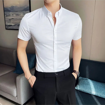 2025 Summer Solid Slim Fit Shirt High Quality Men Business Casual Short Sleeved Social Party Shirts Men Clothing Plus Size 5XL-M
