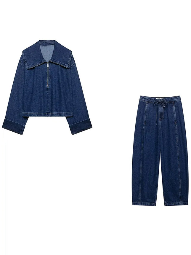 Summer Women's Suit Lace-up High-waisted Jeans Zipper Denim Jacket Top 2025 Casual Pants Set Women's Two Pieces set
