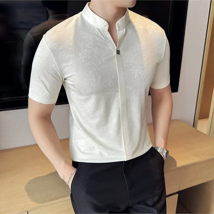 New Chinese Style Stand-up Collar Seamless Polo Shirts Summer Fashion Jacquard Short Sleeve Slim Elasticity Breathable T-shirt