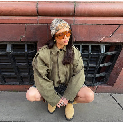 Vintage Women's Short Jacket Pockets Zipper Full Sleeve Khaki Green Thick Coats 2025 Spring Autumn Lady Loose Street Outwear