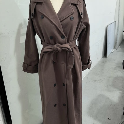 Elegant Shawl Collar Lace Up Long Woolen Coat Women Full Sleeve Belt Lapel Thick Overcoat 2025 Autumn Winter Lady Chic Outwear