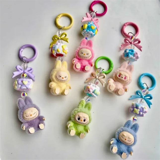 LAFUFU Kawaii Mini Keychains Flocking Backpack Pendant Key Chain LA-BU-BU Pendant Doll Cute Backpack Pendant Gifts for Girls
