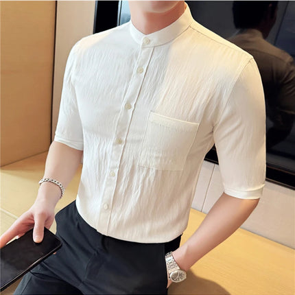 Summer New Chinese Style Stand Up Collar Shirt High Quality Slim Fit Half Sleeved Casual Social Party Shirt Men's Clothing 4XL-M