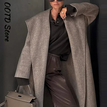 Elegant Shawl Collar Lace Up Long Woolen Coat Women Full Sleeve Belt Lapel Thick Overcoat 2025 Autumn Winter Lady Chic Outwear