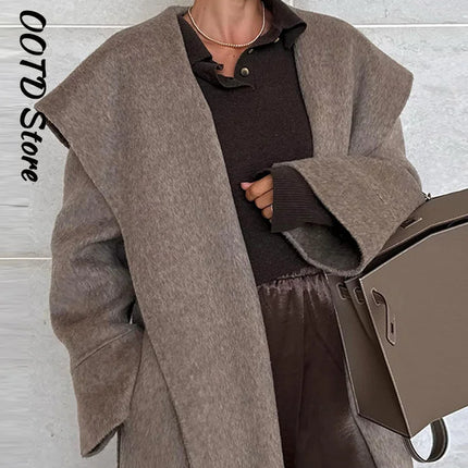 Elegant Shawl Collar Lace Up Long Woolen Coat Women Full Sleeve Belt Lapel Thick Overcoat 2025 Autumn Winter Lady Chic Outwear