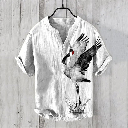 Bamboo Linen Hawaiian Shirt Tropical Style 3D Digital Printing Pine Tree Pattern Men's Short Sleeve Stand Collar Shirt