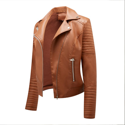 Spring and Autumn short women's leather jacket, Slim lapel biker suit, oblique zipper jacket women's coat