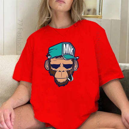 Cotton Tops Smoking Monkey Cartoons Short Sleeve Women Personality Street T-Shirts Loose Oversized Tees Breathable Soft Clothing