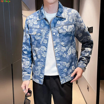 Men's Printed Denim Jacket in Red, Single Breasted Square Collar Coat, White Blue Trim, Asian Size M-4XL