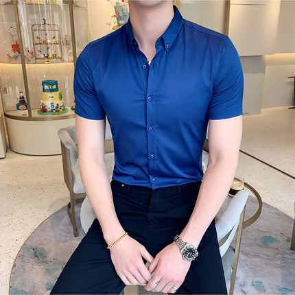 Neckline Embroidery Shirts Men Summer Short Sleeve Slim Fit Casual Shirt Men Solid Color Business Party Dress Shirt Streetwear