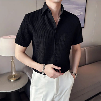 2023 Summer Waffle Short Sleeved Shirt Men Fashion Casual Solid Color Lapel Loose Shirt Male Korean Social Business Dress Blouse