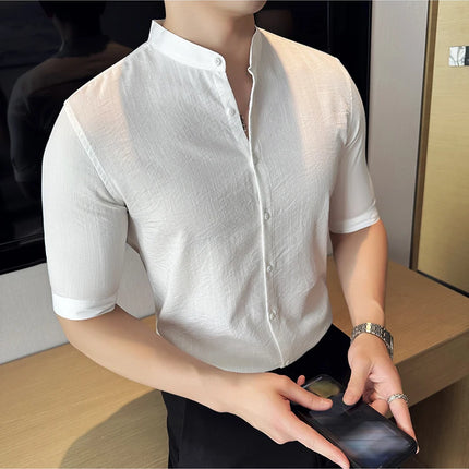 2024 Summer New Chinese Style Linen Shirts Men's Half sleeve Stand-Up Collar Linen Cotton Business Casual Slim Versatile Shirts