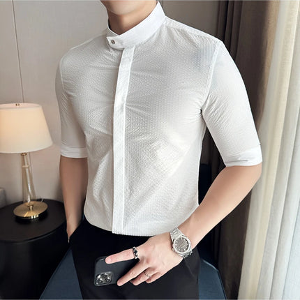 New Chinese Style Stand Up Collar Slim Fit Half Sleeved Shirts Men High Quality Striped Elegant Shirt Summer Social Party Dress
