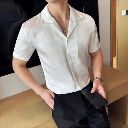 New Chinese Jacquard Shirt Luxury Men Elegant Print Slim Fit Casual Prom Social Shirts High Quality Summer Short Sleeved Tuxedo