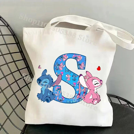 Disney Stitch Fashion Canvas Tote Bag for Women Anime Letter A-Z Printed Shoulder Bag Students Commute Portable Handbags Gifts